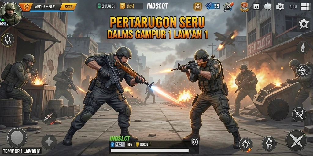 Interface pertarungan INDSLOT menunjukkan duel yang intens antara dua karakter.